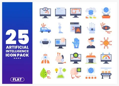 Flat AI icon pack with diverse technological illustrations for digital projec Illustrazione stock