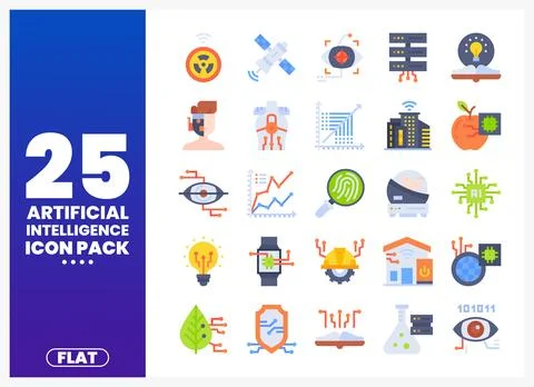 Flat AI icon set with conceptual graphics for technology and innovation Stock Illustration