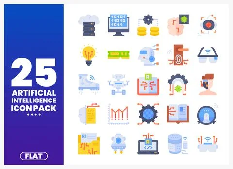 Flat AI icons showcase technology and innovation in a modern vector design. Stock Illustration