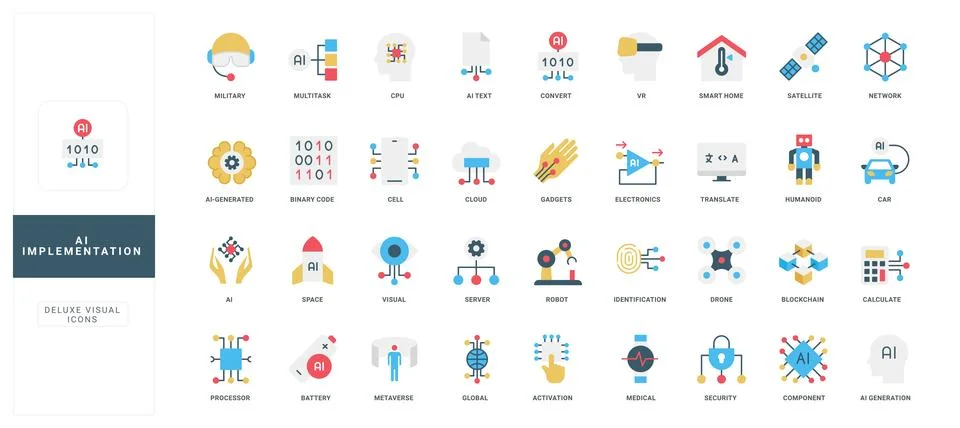 Flat AI Implementation Icons for Technology Concepts Stock Illustration