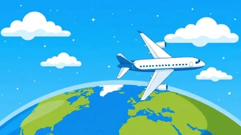 Flat Airplane Flying Around the Earth with Clouds. Stock Footage 316279372