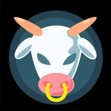 Flat alien cow head concept logo. Cartoon white animal with black evil eyes Stock Illustration