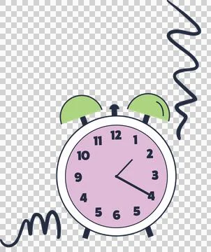 Flat analog alarm clock ringing with pink dial green bells navy squiggles on Stock Illustration