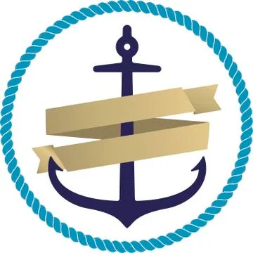 Flat anchor icon or logo with orange ribbon and circular rope. Isolated. Stock Illustration