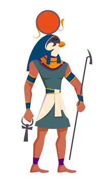 Flat ancient Egypt sun god Ra with falcon head in solar disk Stock Illustration