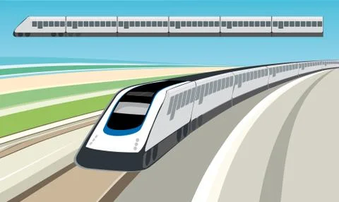 Flat and 3D train on rails with velocity background. Stock Illustration