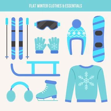 Flat and cold blue winter sport clothes and essentials in vector format  Stock Illustration