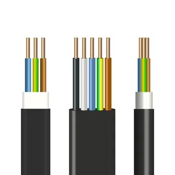 Flat and round cable with insulated copper conductors, vector illustration. Stock Illustration