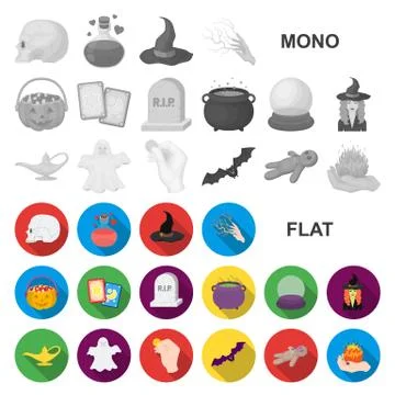 Flat and white magic flat icons in set collection for design. Attributes and Stock Illustration