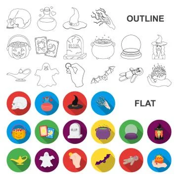 Flat and white magic flat icons in set collection for design. Attributes and Illustrazione stock