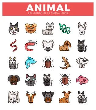 Flat animal icons displayed in a grid with clean lines. 库存插图