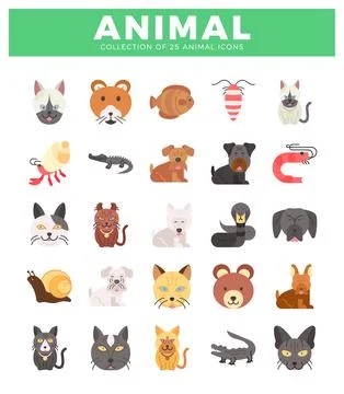 Flat animal icons featuring various pets. wildlife. and sea creatures on a .. Stock Illustration