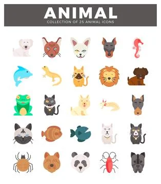 Flat animal icons in a grid format against a white background. vector art Stock Illustration