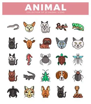 Flat animal icons in a grid format. Stock Illustration