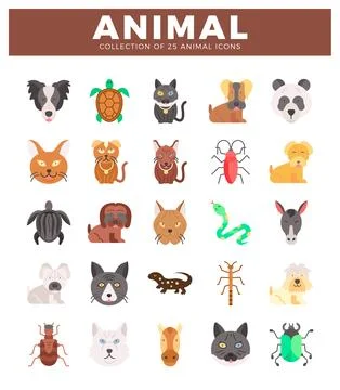 Flat animal icons in a grid format. featuring diverse species against a whi.. Stock Illustration