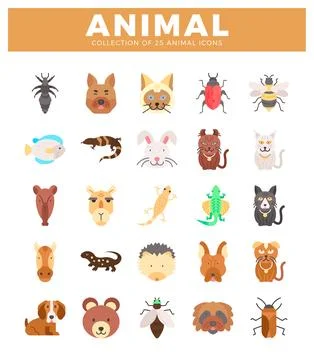 Flat animal icons in a grid layout on a white background Stock Illustration