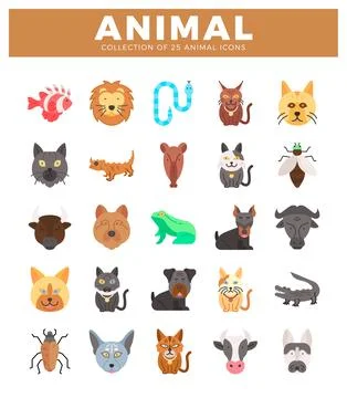 Flat animal icons in a grid layout on white. Stockillustratie