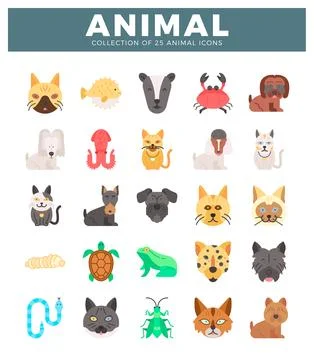 Flat animal icons in a grid layout on a white background. featuring pets an.. Stock Illustration
