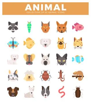 Flat animal icons in a grid layout on a white background. Stock Illustration