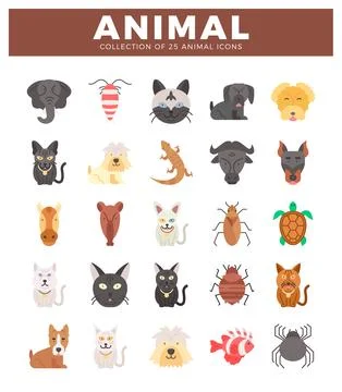 Flat animal icons in a grid layout on a white background Stock Illustration