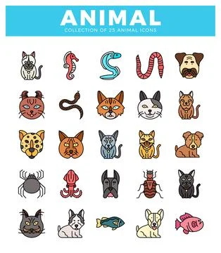 Flat animal icons in a grid layout on a white background. designed for digi.. Stockillustratie