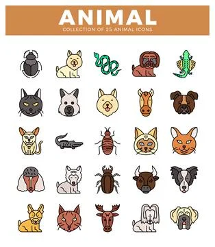 Flat animal icons in a grid layout on a white background. Stockillustratie