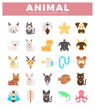 Flat animal icons in a grid pattern on a white background Illustrazione stock