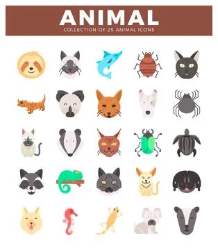 Flat animal icons in a grid pattern on a white background. 스톡 일러스트