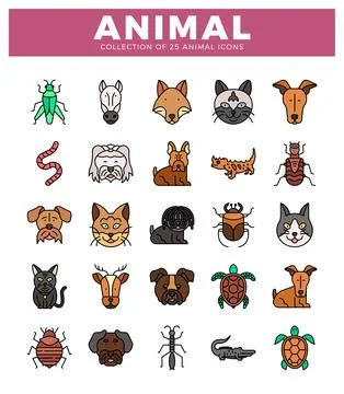 Flat animal icons in a grid pattern on a white background. Illustrazione stock