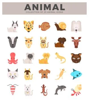 Flat animal icons in a grid pattern on a white background. Stock Illustration