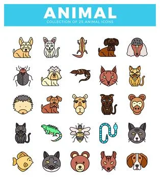 Flat animal icons in a grid pattern. showcasing diverse creatures in a clea.. 스톡 일러스트