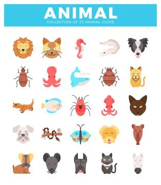 Flat animal icons in a grid on white. Stock Illustration