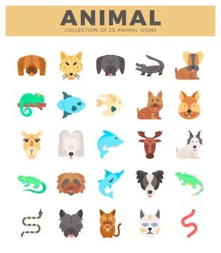 Flat animal icons presented in a grid layout on a white background. 库存插图