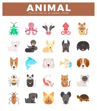 Flat animal icons in rows. isolated on white background Stock Illustration