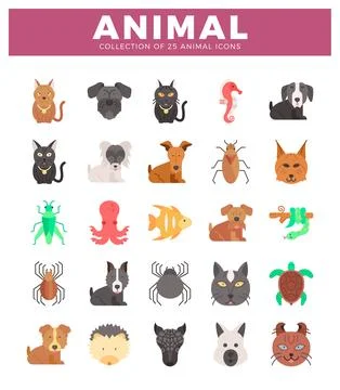 Flat animal icons in rows on a white background. Stock Illustration