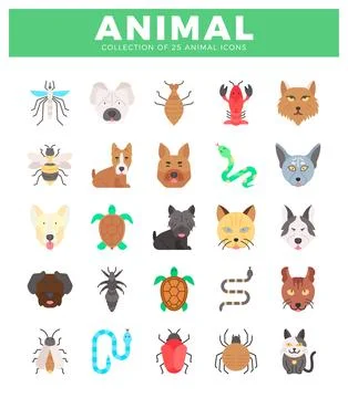 Flat animal icons in rows on white background. Stock Illustration