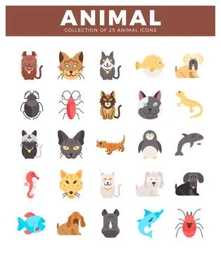 Flat animal icons on a white background. featuring pets. insects. and marin.. Stock Illustration