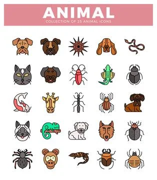 Flat animal icons on a white background for creative design.  Various styli.. Stock Illustration