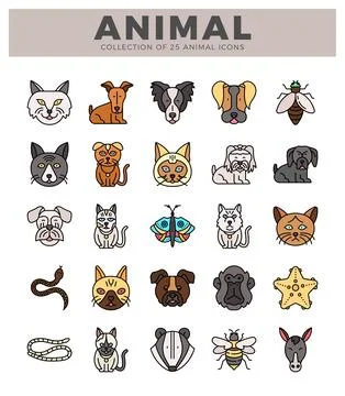 Flat animal icons on a white background. featuring pets and wild creatures. Stock Illustration