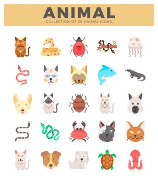 Flat animal icons on white background. Various pets and wild creatures depi.. Stock Illustration