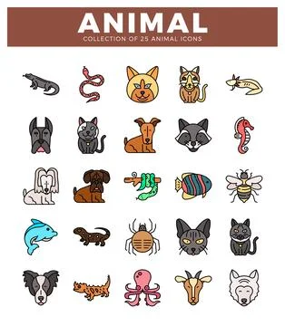 Flat animal icons on white background. featuring diverse wildlife and pets. Stock Illustration