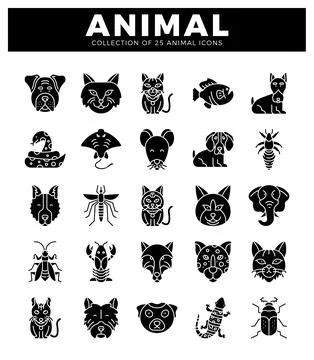 Flat animal icons with white background. in black silhouette. Stock Illustration