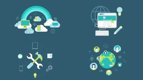 Flat animated icons cloud computing technology, webdesign, social network. Видео 52397980