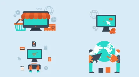 Flat animated icons e-commerce online shopping, pay per click, digital marketing Stockbeeldmateriaal 52397948