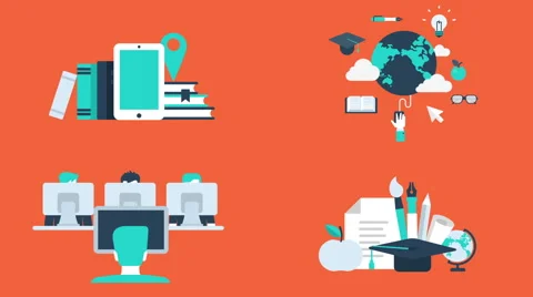 Flat animated icons e-learning, distance education and global online courses. Видео 52397947