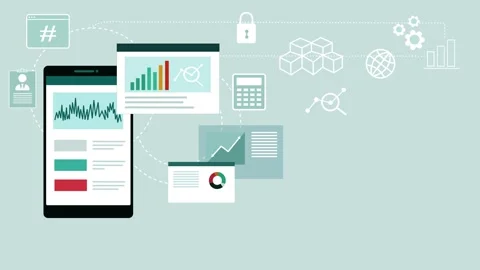 Flat animated of mobile data dashboard with charts, graphs and icons on a m.. Video stock 334763024