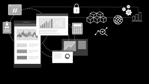 Flat animated of mobile data dashboard with charts, graphs and icons on a m.. Video stock 334763028