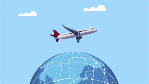 Flat animation of airplane flying over globe with dotted routes on blue sky.. 스톡 동영상 333606964