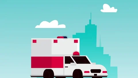 Flat animation of ambulance driving through city with skyscraper background.. Video stock 333290116