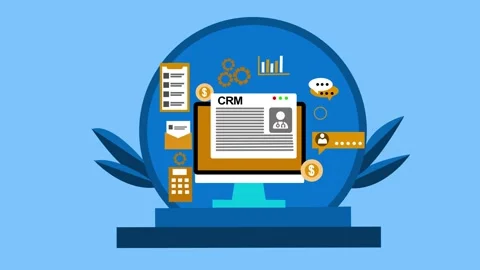 Flat animation of a crm dashboard on a computer screen surrounded by icons .. Stock Footage 335103706